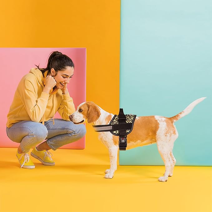 Dogline Dog Harness, Reflective No-Pull Adjustable Vest with Handle for Walking, Training, Breathable, No - Choke Harness for Small, Medium or Large Dogs Room for Patches Leopard Brown M 22"-28"-PawvioPets