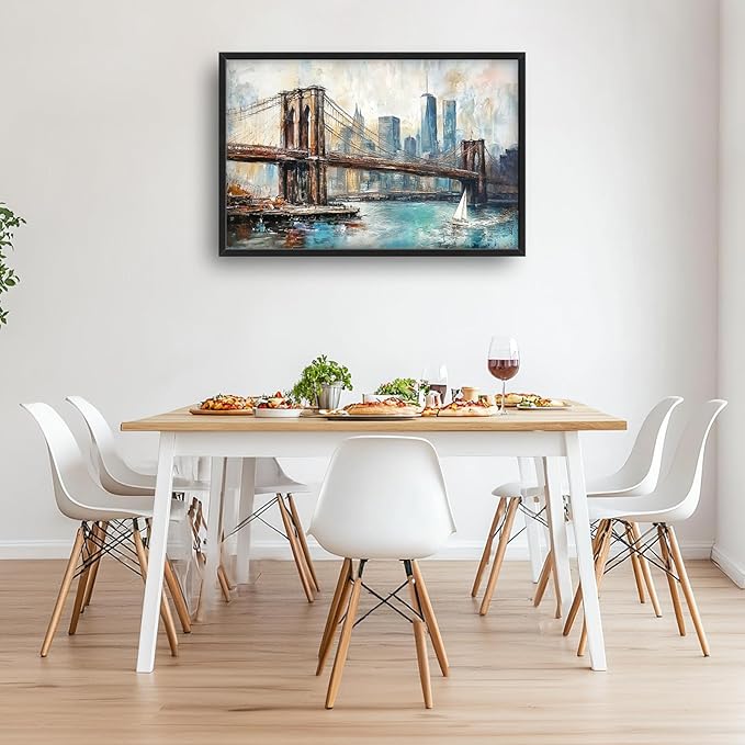 Extra Large Framed Brooklyn Bridge Wall Art,New York City Wall Decor,Abstract Skyline Cityscape Pictures for Living Room,Canvas Print Painting Modern Artwork Bedroom Office Bathroom 36L x24W-PawvioPets