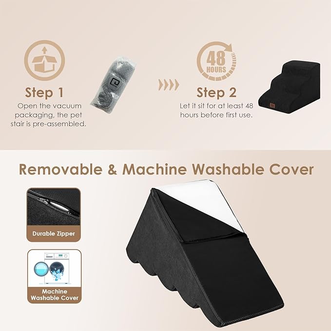 EHEYCIGA Curved Dog Stairs Ramp for Small Dogs 15.7" H, 3-Step Dog Steps for Couch Sofa and Chair, Pet Stairs for Cats, Non-Slip Balanced Pet Steps Indoor, Black-PawvioPets