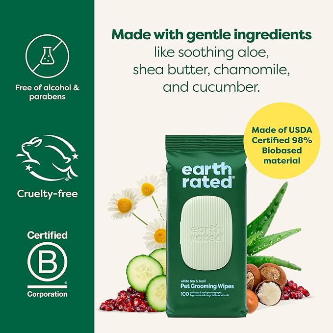 Earth Rated Pet Wipes for Dogs and Cats, Hypoallergenic, 3-in-1 Cleaning, Deodorizing and Hydrating, for Grooming Paws, Body and Butt, New White Tea and Basil Scent, 100 Count-PawvioPets