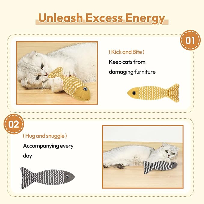 2 Pcs Catnip Toys Fish, Self Play, Cat Toys for Indoor Cats and Kitten, Catnip Cat Toy, Interactive Kitten Exercise Kicker Toys for Indoor Cats 7.8 Inches for All Breeds-PawvioPets