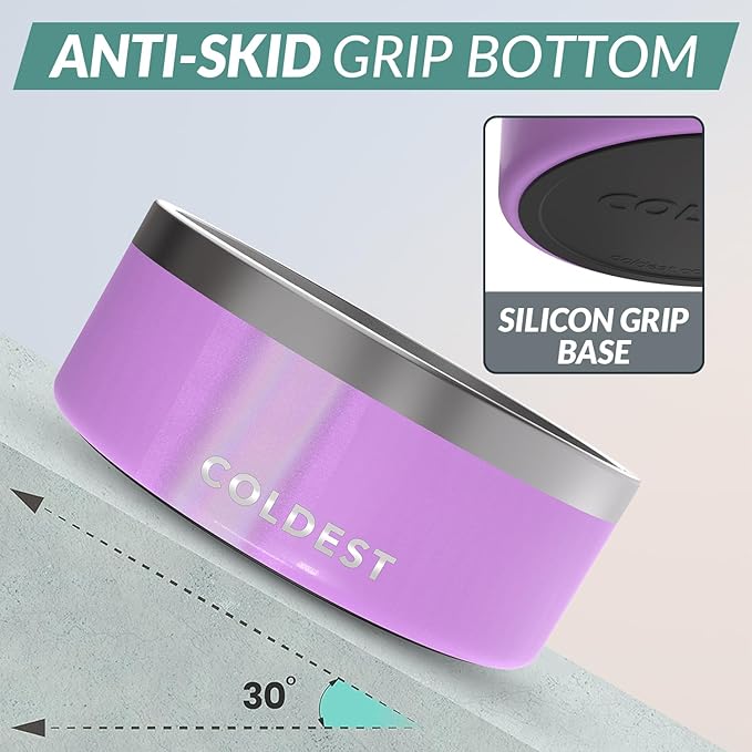 Coldest Dog Bowl - Anti Rust Metal, Non Slip, 3 Layers Insulated Stainless Steel Dog Bowls - Spill Proof & Heavy Duty - Water Bowl for Dogs, Cats, Dish Washer Safe (100 oz, Saturns Purple Glitter)-PawvioPets