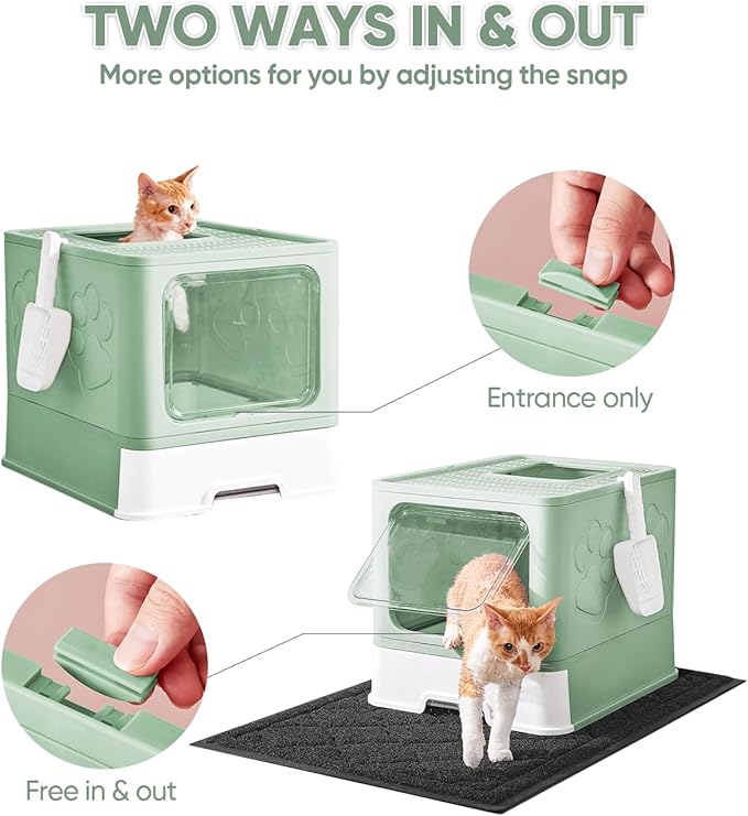 Cat Litter Box with X-Large Litter Mat and Scoop, Large Foldable Litter Box with Lid, Enclosed Kitty Box,Front Top Entry Exit, Odor Control Easy to Clean (Upgrade Green)-PawvioPets