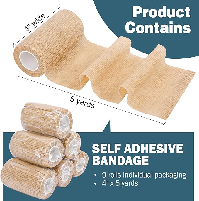 AZEN 9 Pack Self Adhesive Bandage Wrap, 4" X 5 Yards Elastic Cohesive Bandage Wrap, Skin Color Athletic Tape, Ankle Tape, Tattoo Grip Tape Wrap, Vet Wrap-PawvioPets