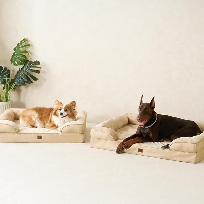 EHEYCIGA Orthopedic Dog Bed for Medium Dogs, Waterproof Memory Foam Medium Dog Beds with Sides, Non-Slip Bottom and Egg-Crate Foam Pet Couch Bed with Washable Removable Cover, Greige-PawvioPets