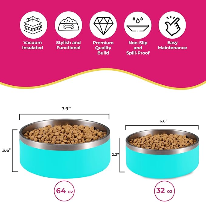 Dog Bowl, Dog Water Bowl Vacuum Insulated Stainless Steel, Non-Slip, Spill-Proof, Easy Clean, Keeps Water Cool, Cute, Stylish Pet Bowl, 64 oz, Light Blue, Modern-PawvioPets