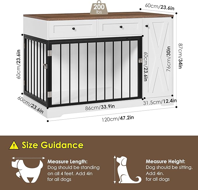 Dog Crate Furniture Kennel with Double Doors Wooden Pet House with 2 Drawers and Storage Cabinet, Indoor Dog Cage Farmhouse Modern Side End Table for Small Medium Dogs, White-PawvioPets