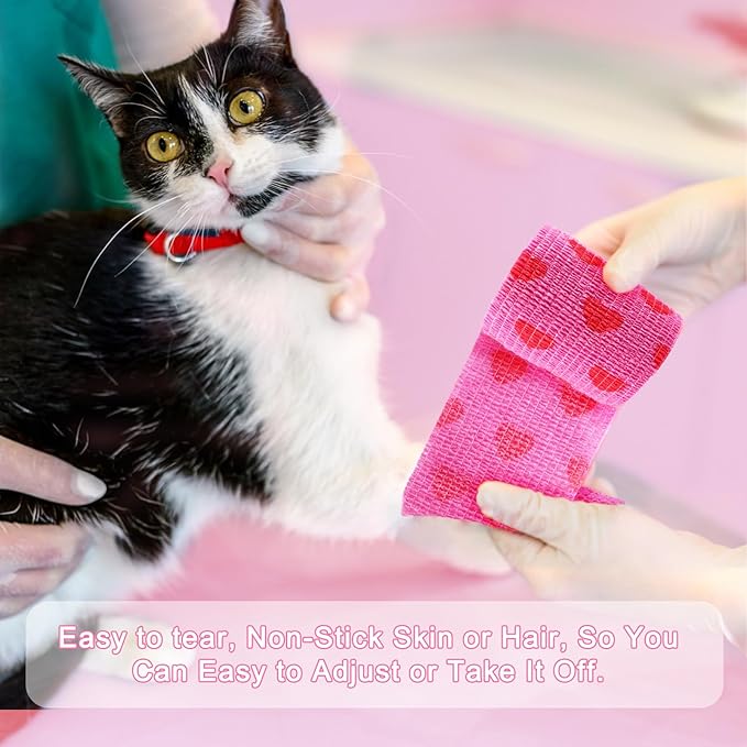 24 Pack Self Adhesive Vet Wrap & Medical Tape, 2 Inch x 5 Yards Cohesive Bandage Wrap - Pink Heart Grip Tape for Ankle, Wrist Sprains, Sports, Pet First Aid-PawvioPets