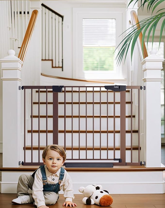 Cumbor 29.7-48" Baby Gate for Stairs, Mom's Choice Awards Winner-Dog Gate for Doorways, Auto Close Safety Pet Gate for Dogs Indoor, Easy Install Pressure Mounted Child Gate with Walk Thru Door, Brown-PawvioPets