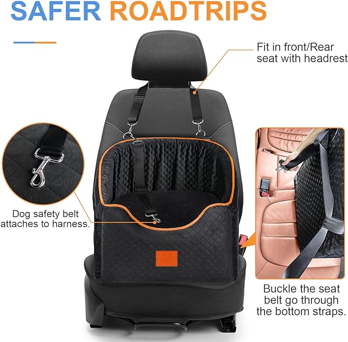 Dog Car Seat for Small Dogs, Memory Foam Booster Dog Seat for Dogs up to 35 lbs, Elevated Pet Car Seat with Washable Removable Cover, Storage Pockets (Black)-PawvioPets