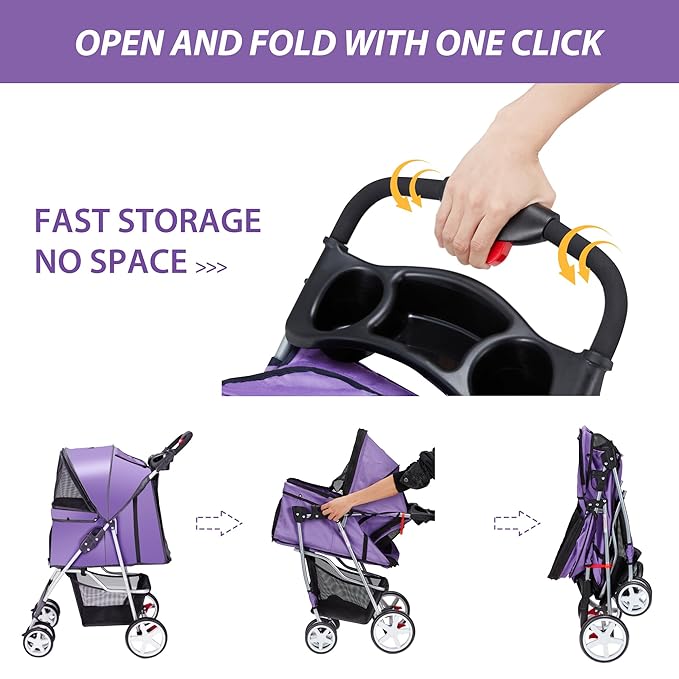 4 Wheels Pet Stroller for Small Medium Dogs Cats 10-33 lbs, Foldable Dog and Cat Stroller with Cup Holder & Storage Basket & Breathable Mesh, Pet Strolling Cart for All-Season, Purple-PawvioPets