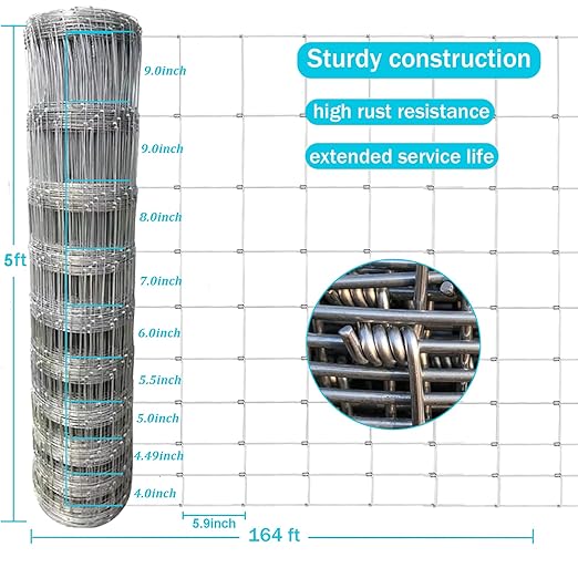 Farm Fence 5x164FT, Galvanized Wire Fencing, Zinc Coated Cattle Fences Used to Hog Goat Fencing for Yard Garden and Field-PawvioPets