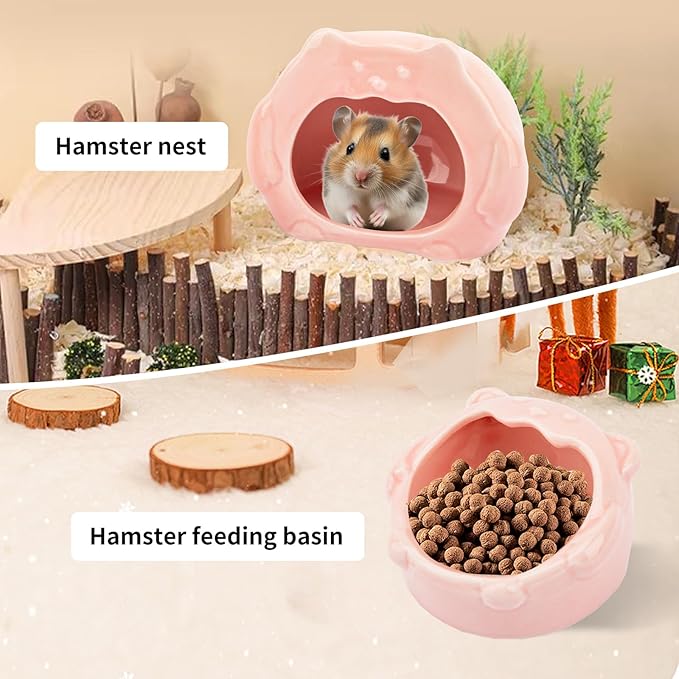 Bear-Shaped Hamster Hideout & Food Bowl Set - Ceramic Habitat for Syrian Dwarf Hamsters, Mice, Gerbils - All-Season Use, Chew-Proof Ceramic House and Feeding Dish for Small Pets(Pink)-PawvioPets