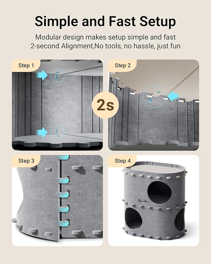DownyPaws Cat House for Indoor Cats, 2-Storey Foldable Cat Bed Cave, Felt Cats Tunnel Bed Condo, Castle Kitten Cube Hideaway for Multicats, Scratch Resistant, Light Gray-PawvioPets