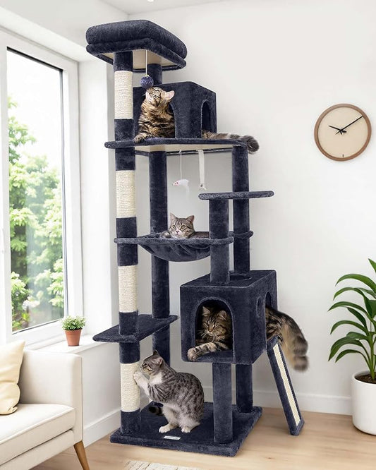 Globlazer Heavy Duty Cat Tree, 70 inch Sturdy Cat Tree for Indoor Cats Extra Large Cat Tower with Scratching Post, Hammock, Cat Condo for Adult Cats Kittens, F70 Pro, Dark Grey-PawvioPets