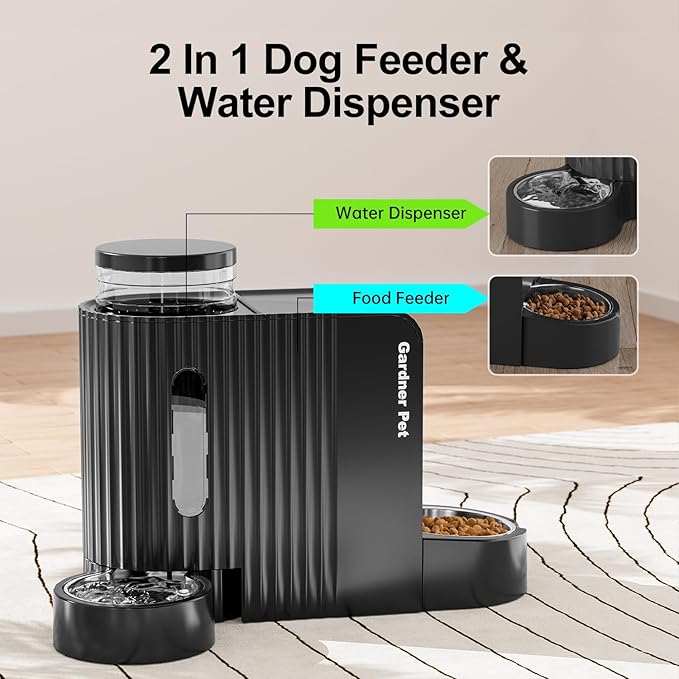 Automatic Gravity Pet Feeder, 1.8 Gallons*2 Dog Feeder and Water Dispenser Set, 2-in-1 Automatic 100% BPA-Free Feeder and Stainless Steel Water Dispenser for Dogs, Cats, Rabbits, Puppies (Black)-PawvioPets