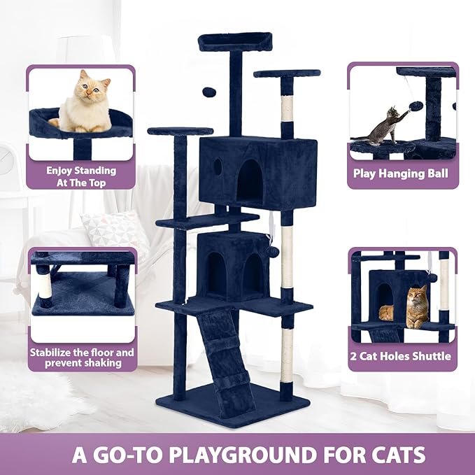 70 Inches Multi-Level Cat Tower for Indoor Cats - XL Tree Climbing Condo With Scratching Posts and Hanging Toys, Navy Blue-PawvioPets