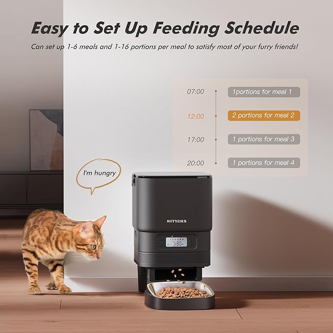 Automatic Cat Feeder - Nityers 4L Timed Cat Dry Food Dispenser with Stainless Steel Bowl,1-6 Meals Per Day, Programmable Portion Size, Detachable Washable, Auto Pet Feeder for Cats and Small Dogs-PawvioPets