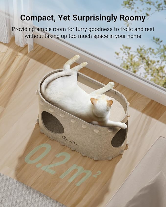 DownyPaws Cat House for Indoor Cats, Cat Bed Cave for Multiple & Large Cats Up to 22 Lbs, Scratch Resistant, Foldable Peekaboo Kitten Caves Tunnel Enclosed Bed, PeekaPurr, Cream-PawvioPets