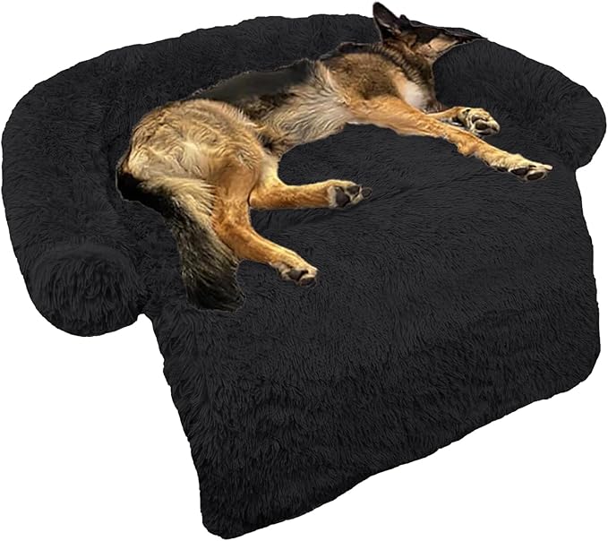 GGIB Calming Dog Bed Fluffy Plush Dog Mat for Furniture Protector with Removable Washable Cover for Large Medium Small Dogs and Cats (Large, Black)-PawvioPets