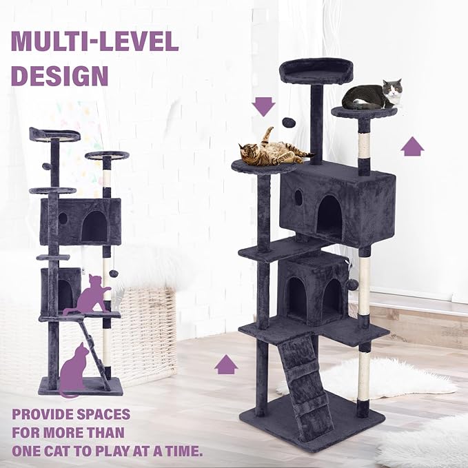 70 Inches Cat Tower for Indoor Cats, Multi-Level Cat Condos with Scratching Posts, Hanging Toys, Ashy-PawvioPets