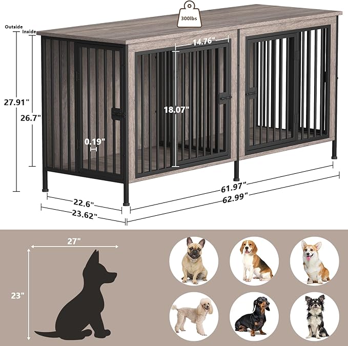 EasyCom 63" Dog Cage Furniture for 2 Pets with Divider, XL Wooden Double Dog Crate Furniture TV Stand for Mideum Breed, Durable and Sturdy-PawvioPets