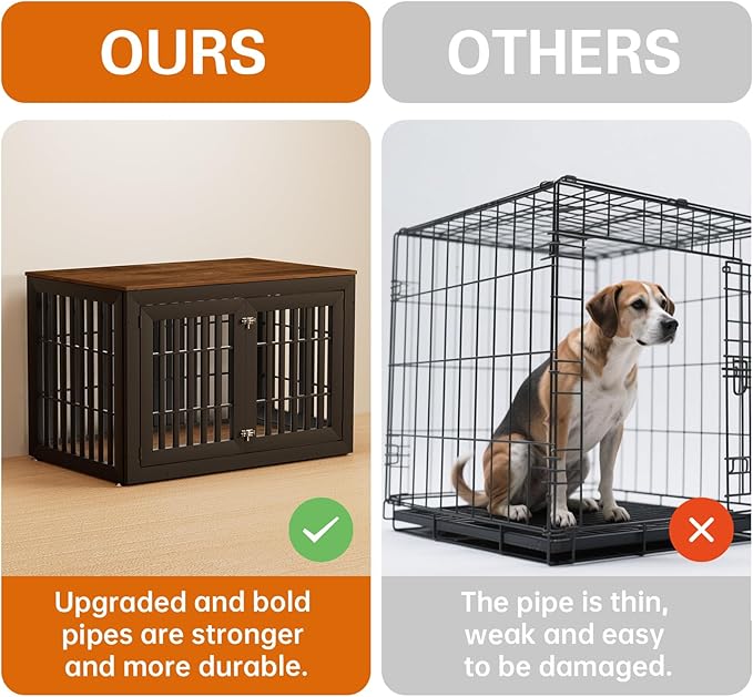 48" Heavy Duty Dog Crate Furniture for Small,Medium and Large Dogs,Rustic Wooden Dog Cage Kennel Indoor Furniture with Waterproof Top,Decorative Pet House Side End Table (Black & Wood)-PawvioPets