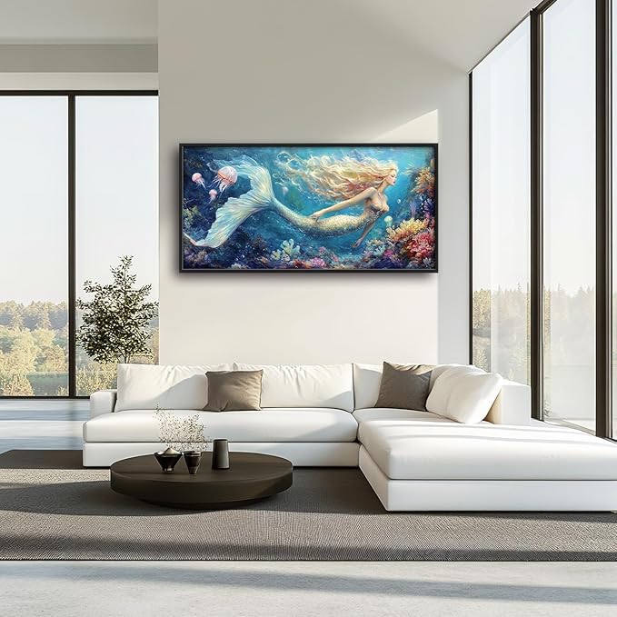 Extra Large Framed Mermaid Wall Art,Oversized Undersea Ocean Wall Decor,Colorful Coral Reefs Pictures for Living Room,Elegant Canvas Print Painting Modern Artwork Bedroom Bathroom 60L x 30W-PawvioPets