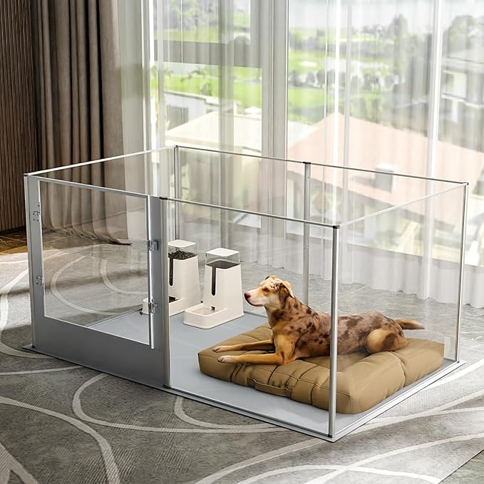Dog Clear Playpen Fence Kennel: 32" Extra Tall Puppy Birthing Enclosure with Waterproof Fertility Pad - 64"x43" Pet Heavy Duty Play Pin Corral with Transparent View and Lockable Door for Dogs Bunny-PawvioPets