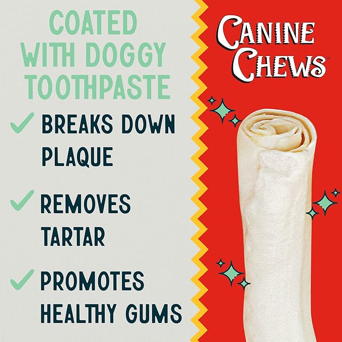 Canine Chews 10-11" Dental Coated Jumbo Rawhide Retriever Rolls (8 Pack) - Breath Freshening & Long Lasting Dental Chews for Dogs Large Size - Teeth Cleaning Dog Treats for Aggressive Chewers-PawvioPets