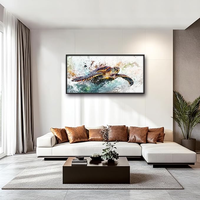 Extra Large Framed Sea Turtle Wall Art,Oversized Abstract Colorful Sea Nautical Wall Decor Pictures for Living Room,Canvas Print Painting Modern Artwork Bedroom Office Bathroom Home Decor 60L x30W-PawvioPets