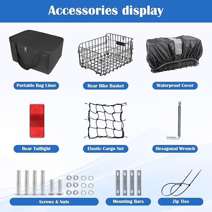 Bike Basket Rear, Folding Bicycle Basket with Removable Waterproof Liner Bag, Rear Bike Cargo Rack, Bike Accessories Frame Basket for Adult Women Men Carrying Dogs,Pet,Grocery,Quick Release Design-PawvioPets