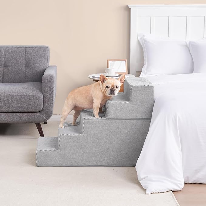 EHEYCIGA Dog Stairs for High Bed 25" H, 5-Step Extra Wide Dog Steps for Bed, Pet Steps for Small Dogs and Cats, Non-Slip Balanced Pet Ramp Indoor, Light Grey-PawvioPets