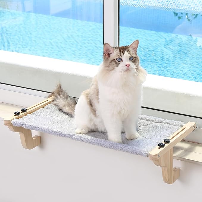 Easy Seat Cat Perch for Window Sill - Hammock Design w/Pine Wood & Robust Metal Frame - Cat Window Seat for Large Cats and Kittens (Natural Color Wood w/Gray Bed, Large (26''W x 14''D))-PawvioPets