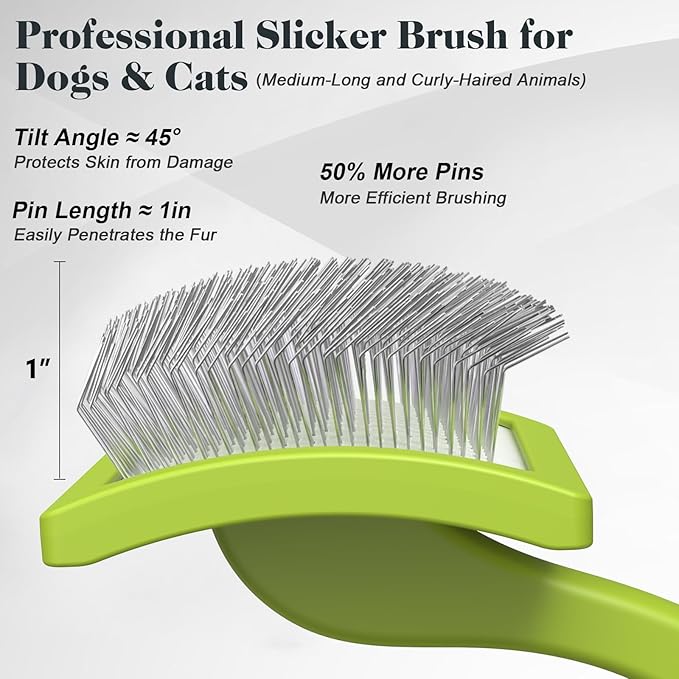 2PCS Slicker Brush for Dogs & Pet Comb,Professional Dog Grooming Brush (Goldendoodles,Poodles,Labradoodles) with Extra Long Pins to Effectively Remove Tangles, Knots and Mats (Green)-PawvioPets
