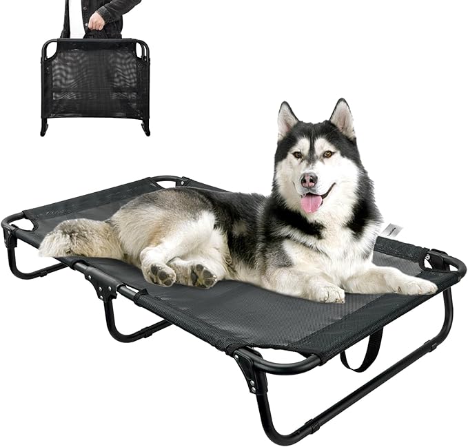 Elevated Dog Bed, Foldable Raised Dogs Bed Outdoor Dog Cots Beds for Large Dogs Cooling Outside Camping Chew-Proof No Assembly Need, Black-PawvioPets