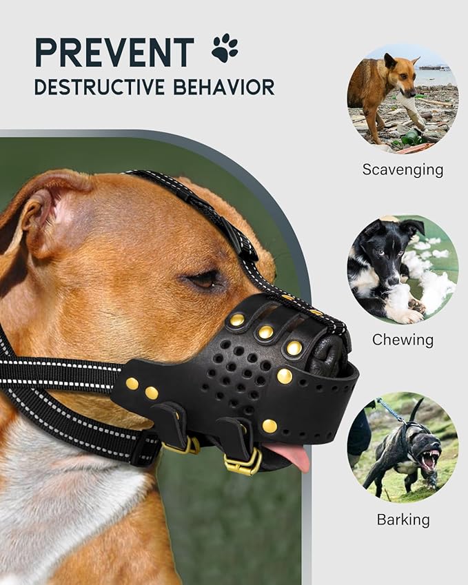 Dog Muzzle, Leather Basket Soft Muzzles Medium Large Breeds, Pitbull Dog Muzzle Amstaff Staffordshire Terrier, German Shepherd Dalmatian Doberman Adjustable (XL)-PawvioPets