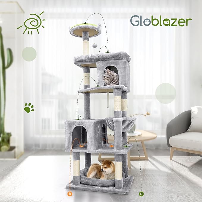 Globlazer Heavy Duty Cat Trees for Large Cats, Sturdy 72in Maine Coon Cat Tree for Large Cats 20 lbs+ Heavy Duty Cat Tower for Adult Biggest Cat with 6 Scratching Posts, Hammock, S72, Light Grey-PawvioPets