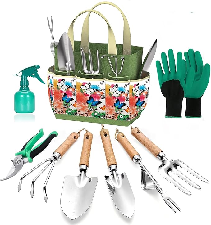 Gardening Tools Set of 9 - Complete Heavy Duty Garden Tools Set with Fashion Handbag - Durable Gardening Supplies Kit Ideal Gifts for Women-PawvioPets