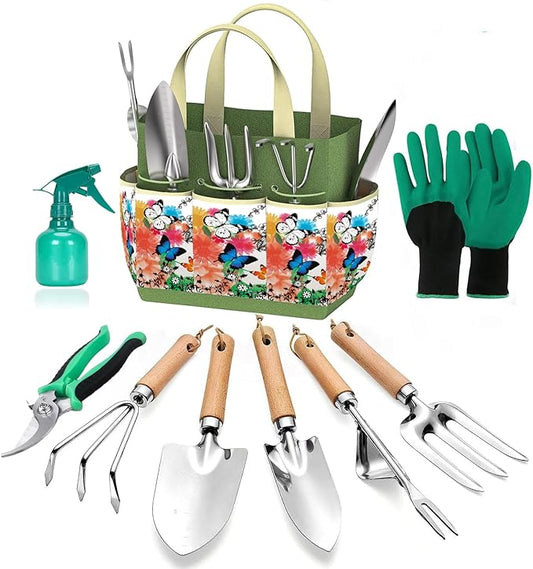 Gardening Tools Set of 9 - Complete Heavy Duty Garden Tools Set with Fashion Handbag - Durable Gardening Supplies Kit Ideal Gifts for Women-PawvioPets