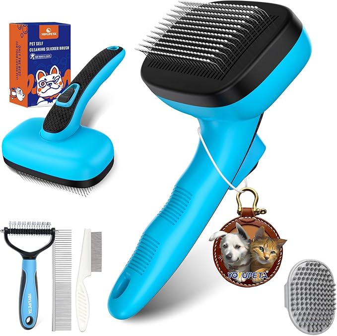 5 PCS Dog Grooming Brush Kit – Self Cleaning Slicker Brush for Shedding Short & Long Haired Dogs & Cats. Removes Loose Fur, Undercoat, Mats, Tangles. Suit for Small, Medium & Large Pets. Blue-PawvioPets