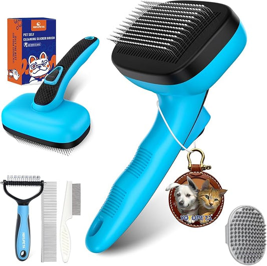 5 PCS Dog Grooming Brush Kit – Self Cleaning Slicker Brush for Shedding Short & Long Haired Dogs & Cats. Removes Loose Fur, Undercoat, Mats, Tangles. Suit for Small, Medium & Large Pets. Blue-PawvioPets