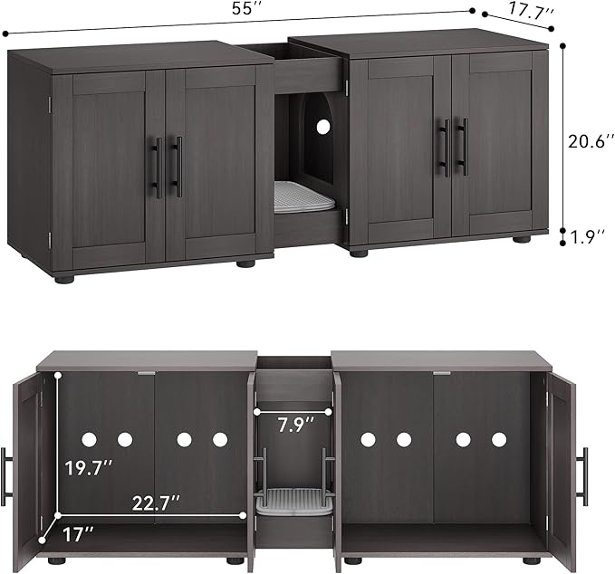 Gaomon Litter Box Enclosure with Double Room,Cat Hidden Litter Box Enclosure Furniture for 2 Cats with Double Room, 55”L x 17.7”W x 22.5”H Cat House,Wooden Enclosed Cat Litter Box Furniture,Walnut-PawvioPets
