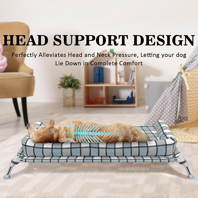 Elevated Raised Dog Bed Cot - Cooling Raised Dog Bed with Bolster Portable Washable Pet Hammock with Pillows & Metal Frame for Indoor & Outdoor, Large-PawvioPets
