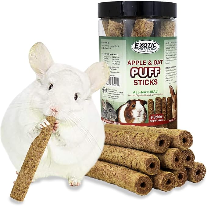 Apple & Oat Puff Sticks (6 oz.) - Healthy Natural High Fiber Chew Treat Made with Oat Hay - Rabbits, Guinea Pigs, Hamsters, Chinchillas, Degus, Prairie Dogs, Squirrels, Skunks, Opossums, Small Pets-PawvioPets