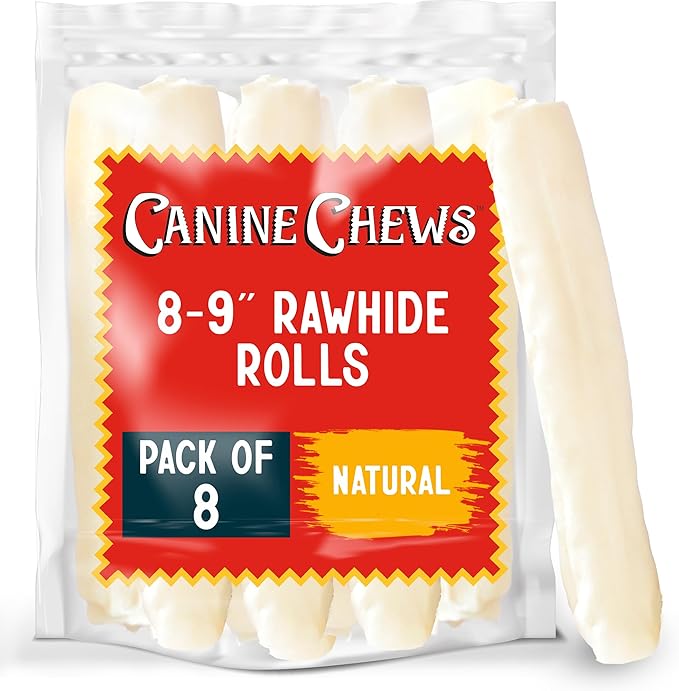 Canine Chews 8-9" Retriever Roll Rawhide Bones for Large Dogs - Durable, Thick Rawhide Bones, Quality Dog Rawhide Chews for Medium to Large Dogs, Thick Size Keeps Dogs Occupied (8 Pack)-PawvioPets