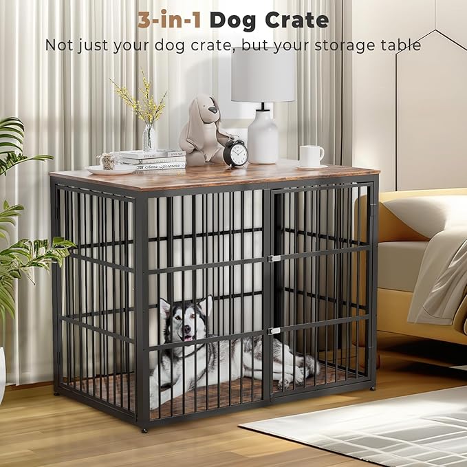 48'' XXL Dog Crate Furniture with 3 Doors,Wooden Crate End Table Heavy Duty Indoor Combination Cage for Medium to Large Dogs, Multiple Units Can be Combined-PawvioPets