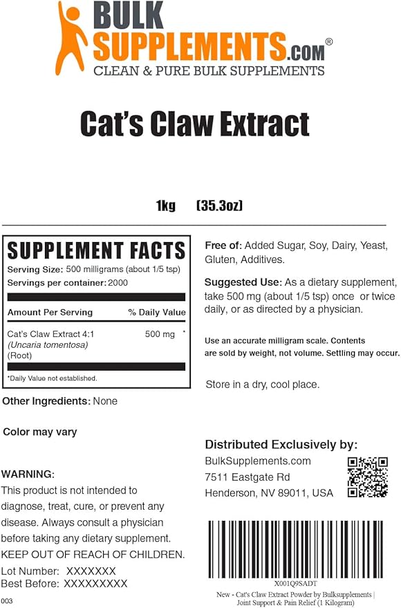 BulkSupplements.com Cat's Claw Extract Powder - Herbal Supplements, for Joint & Immune Support - 500mg of Cats Claw Extract per Serving, Gluten Free (5 Kilograms - 11 lbs)-PawvioPets