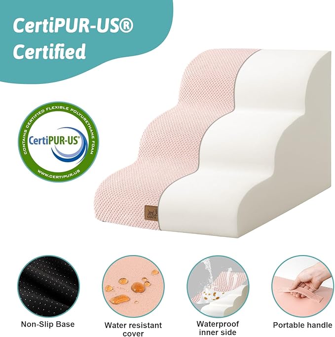 Dog Stairs for Small Dogs 15.7" H, Curved Dog Step for Puppy, Older Cat, Medium Pet Ramp for Sofa, Couch or Bed, Ladder with High Density Foam, 15.7x22.4x15.7 inch, 3 Step, Pink-PawvioPets