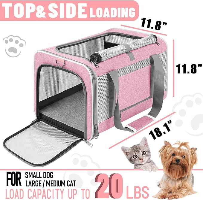 Cat Carrier 20lbs Top Open/Soft Sided Small Pet Dog Travel Carrying Crate/Collapsible Puppy Transport Carry Bag/Sturdy Pet Cages Chihuahuas Mini Dog 10lbs Pink-PawvioPets